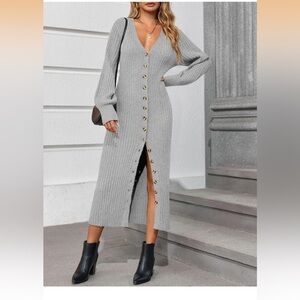 Elegant Gray Knit Button-Down Dress